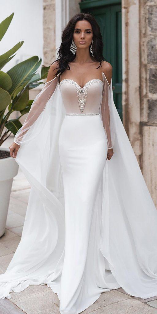  strapless wedding dresses sheath with illusion sleeves with cape naviblue