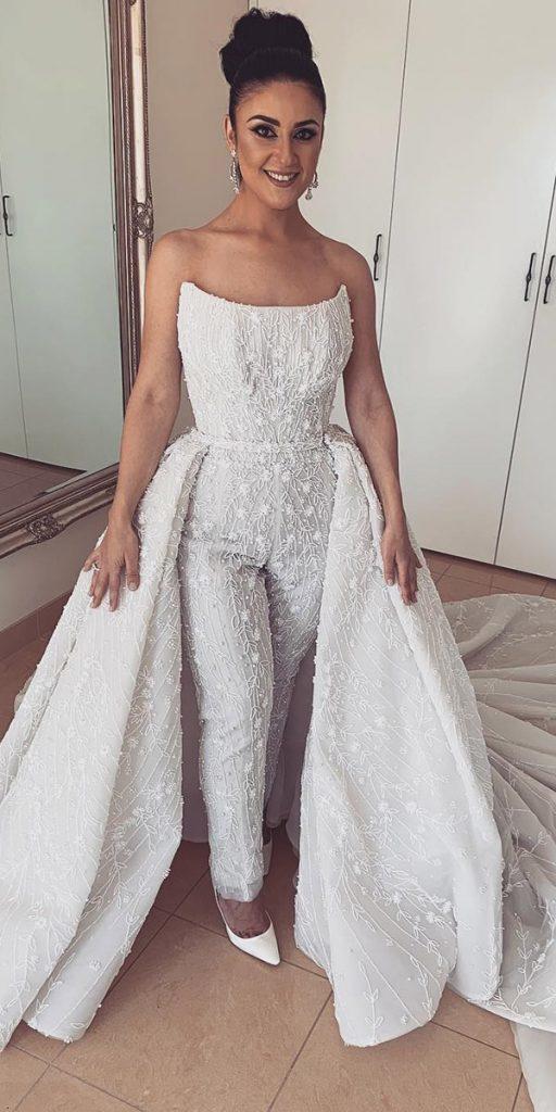 trendy wedding dresses jumpsuits straight neckline full lace with overskirt george elsissa
