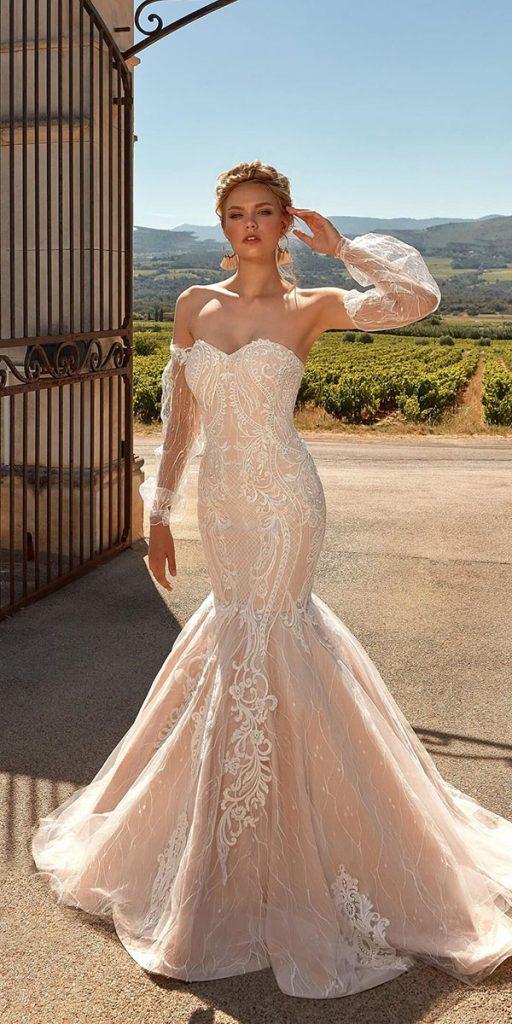 trendy wedding dresses mermaid detached sleeves sweetheart lace blush ariamo