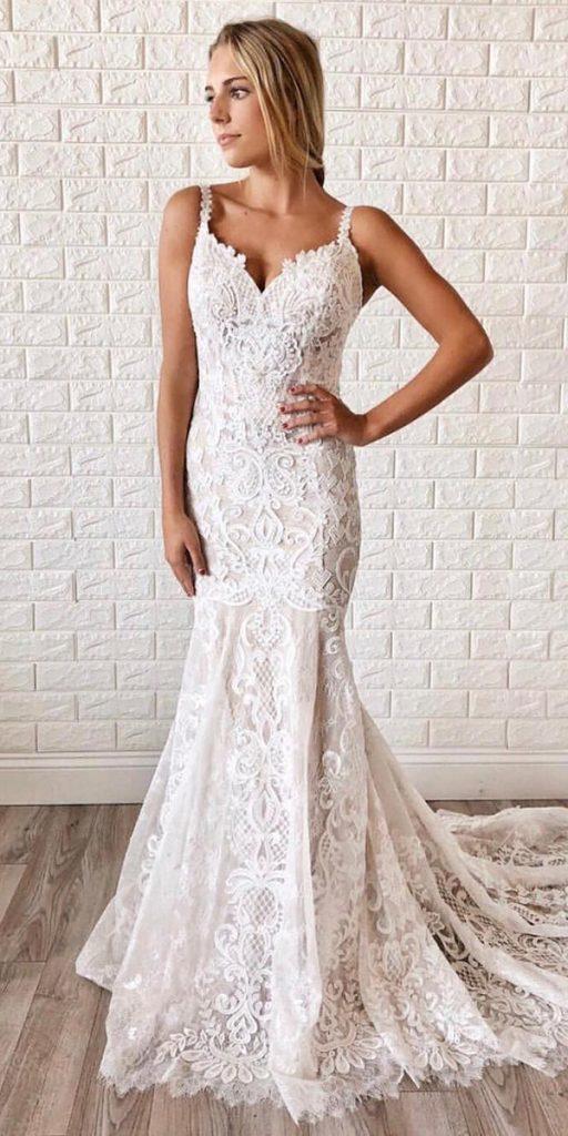  unique lace wedding dresses fit and flare with spaghetti straps allurebridals