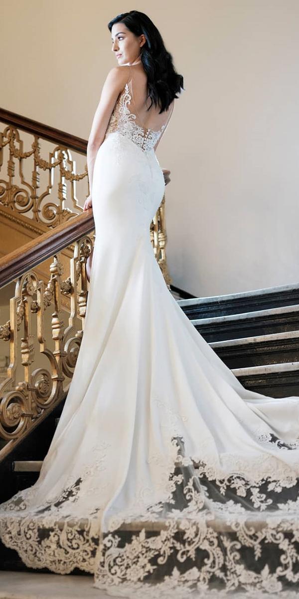  unique lace wedding dresses low back illusion lace with train silk skirt enzoani