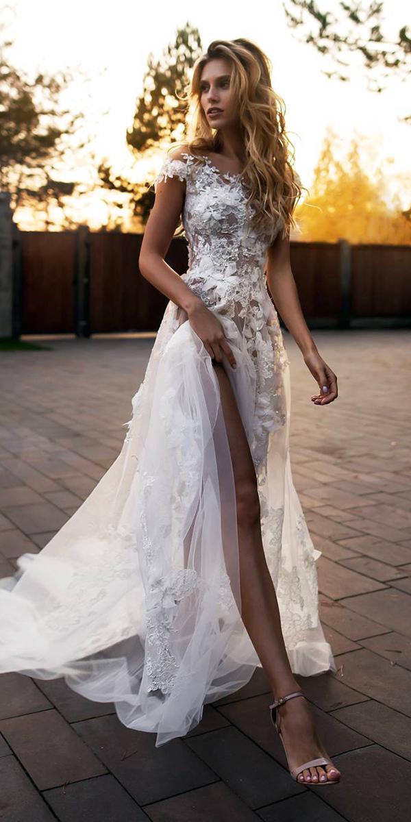 unique lace wedding dresses off the shoulder with-floral appliques slit beach florence dresses