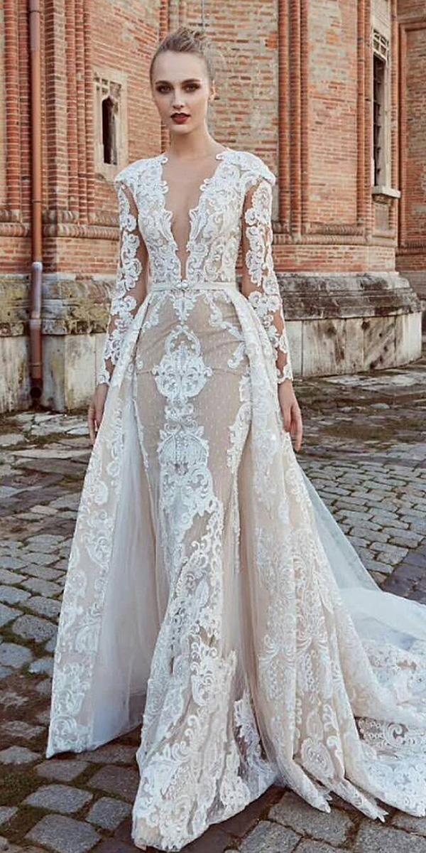 unique lace wedding dresses shaeth with long sleeves overskirt miriams bride