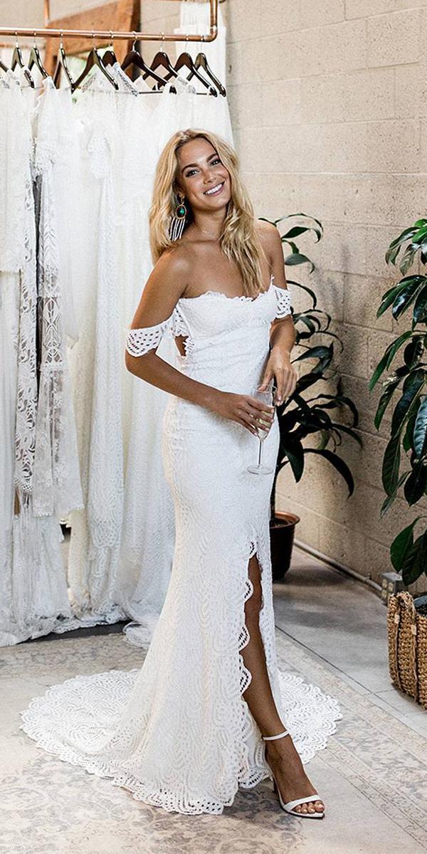 unique lace wedding dresses sheath off the shoulder with slit boho beach grace loves lace