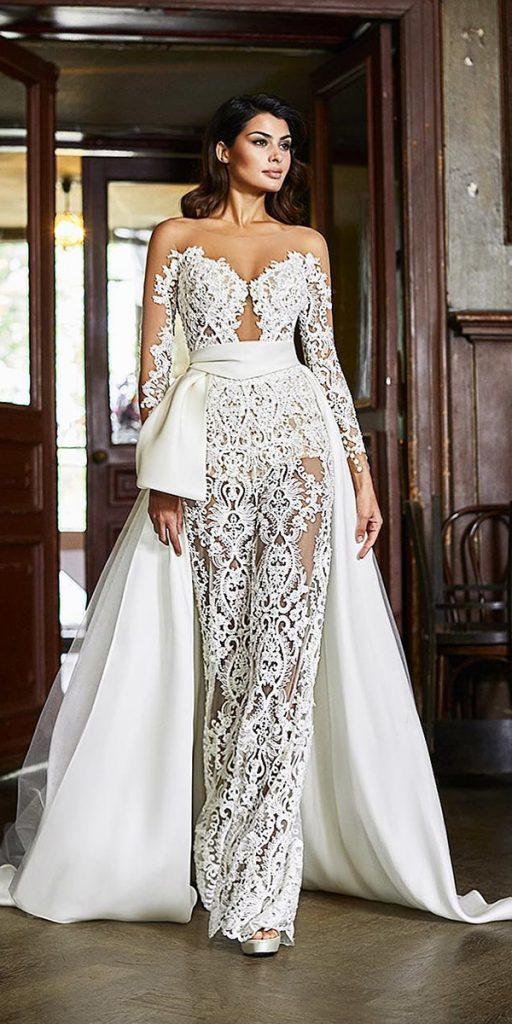 unique lace wedding dresses sheath with illusion long sleeves overskirt maisonsignore
