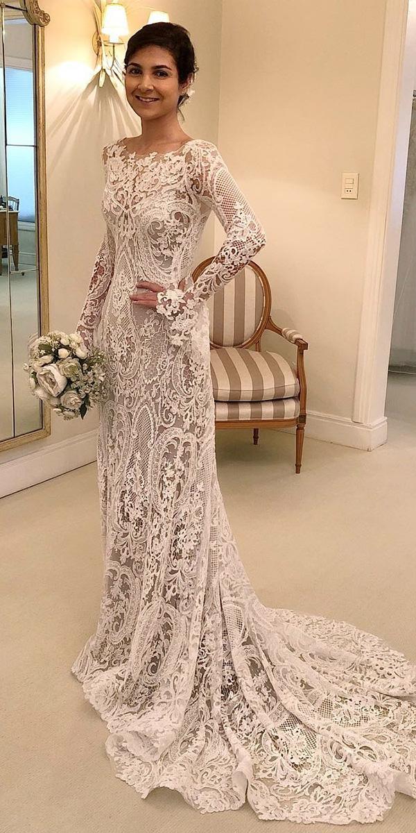 unique lace wedding dresses sheath with long sleeves vintage wanda borges