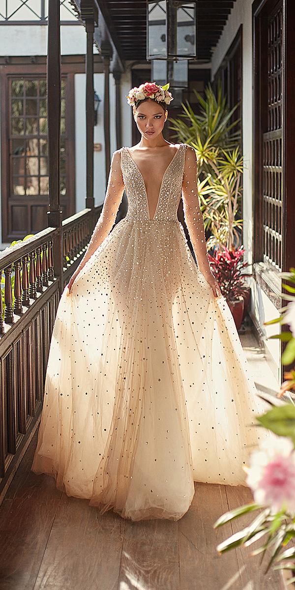 galia lahav wedding dresses a line with long sleeves deep v neckline nude 2018