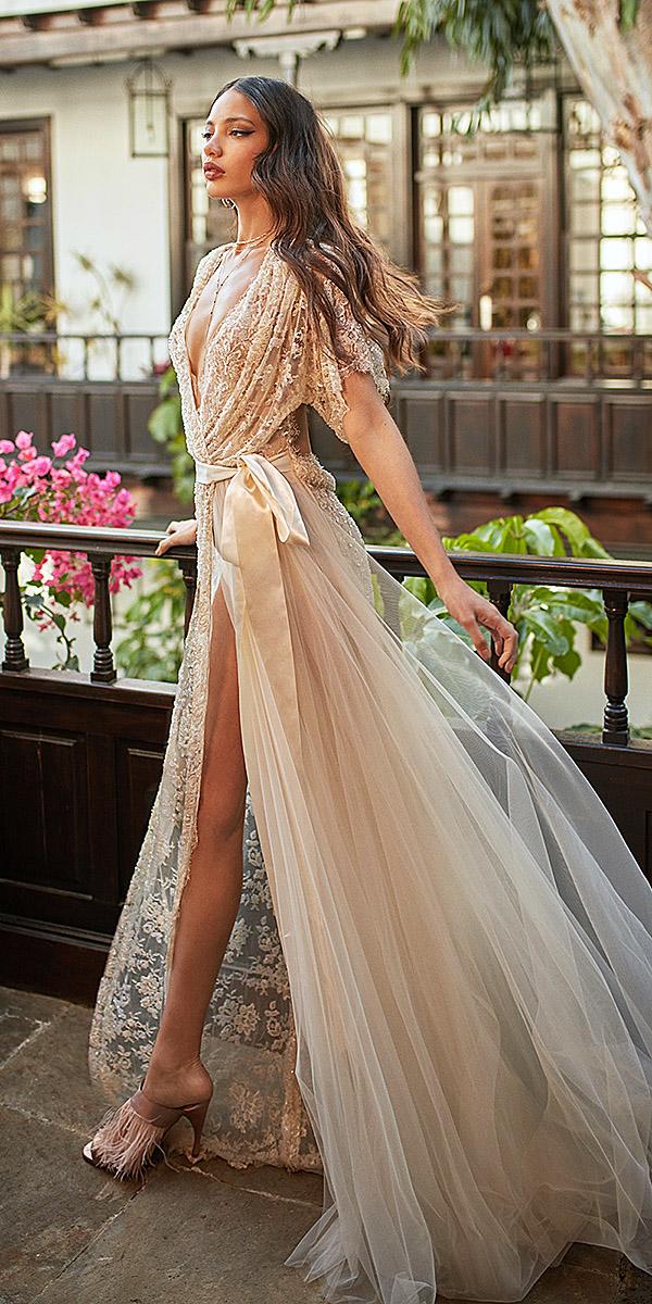 galia lahav wedding dresses kimono high slit sheer hand beaded 2018