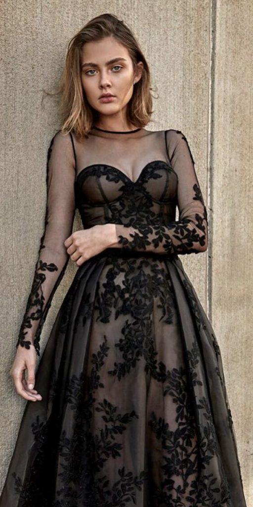 gothic wedding dresses a line with illusion long sleeves floral appliques oglialoro couture