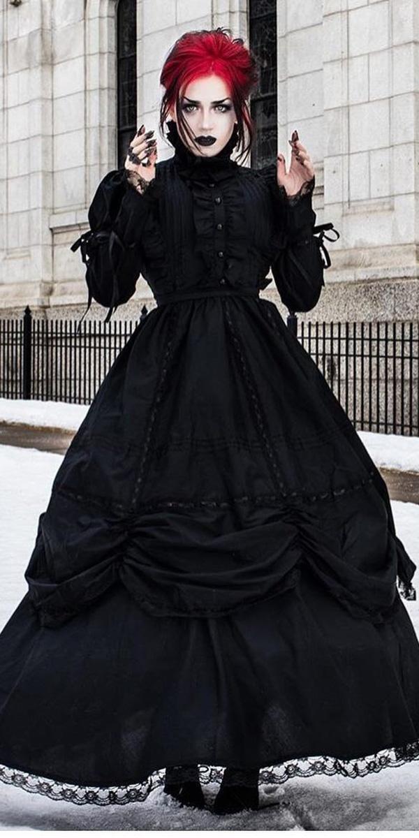 gothic wedding dresses a line with long sleeves high neck black devil nightuk