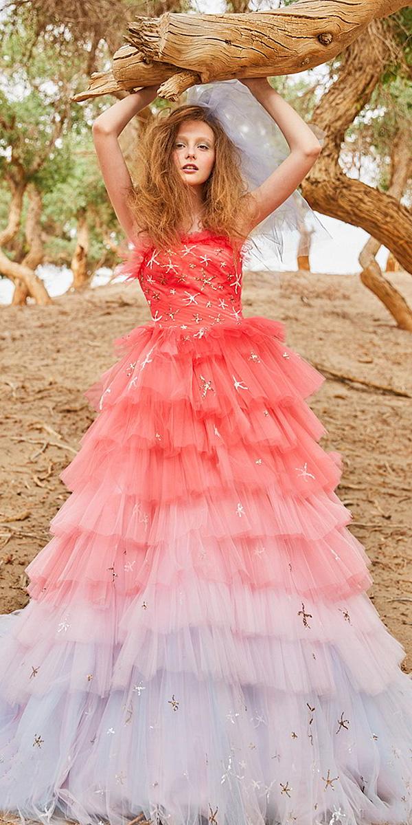 tiglily 2018 wedding dresses a line strapless neckline tulle ruffled skirt ombre red color