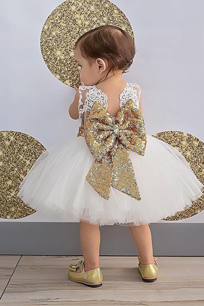 tutu flower girl dresses lace top with gold bow white itty bitty toes