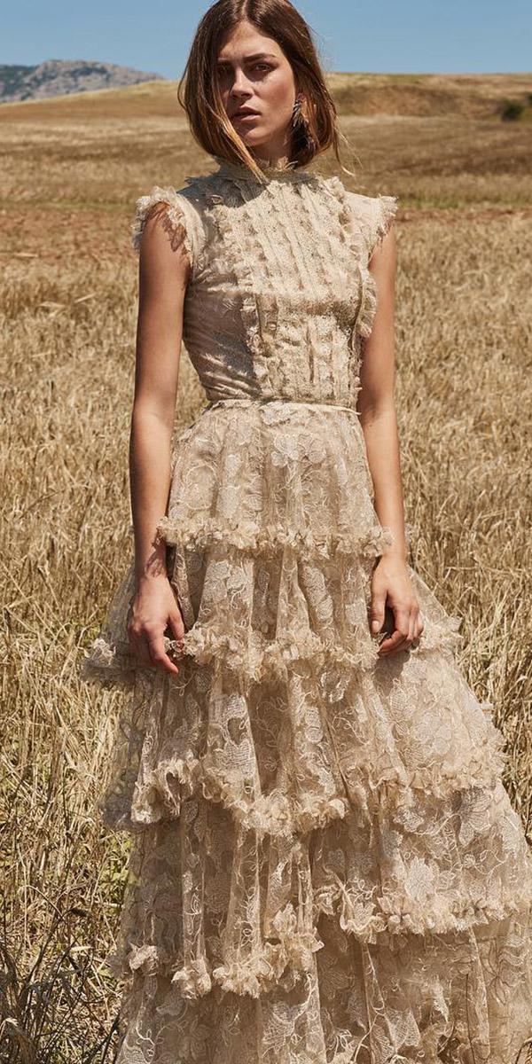 wedding guest designer dresses long with cap sleeves high neck blush ruffled skirt christos costarello
