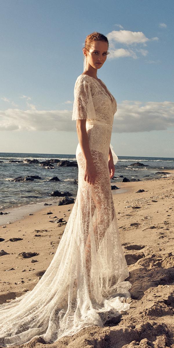 beach-boho wedding dresses with sleeves straight lace deep v neckline with train daalarna