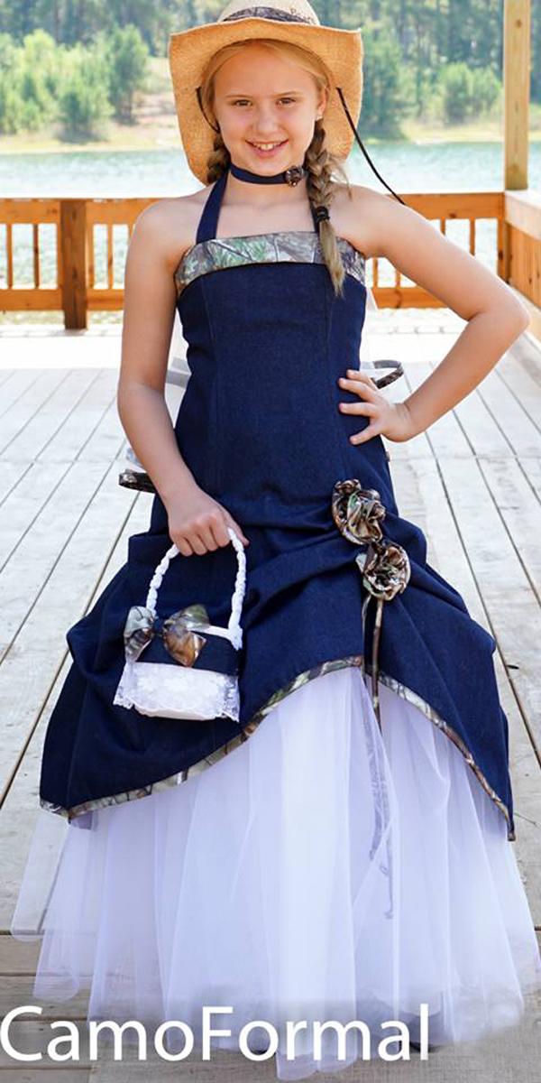 country camo flower girl wedding dresses blue strapless neckline camo formal