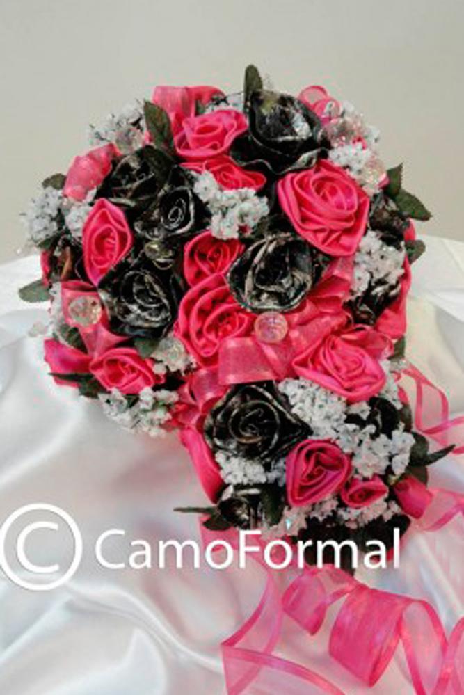 country camo wedding bouquets pink roses with ribbons camo formal
