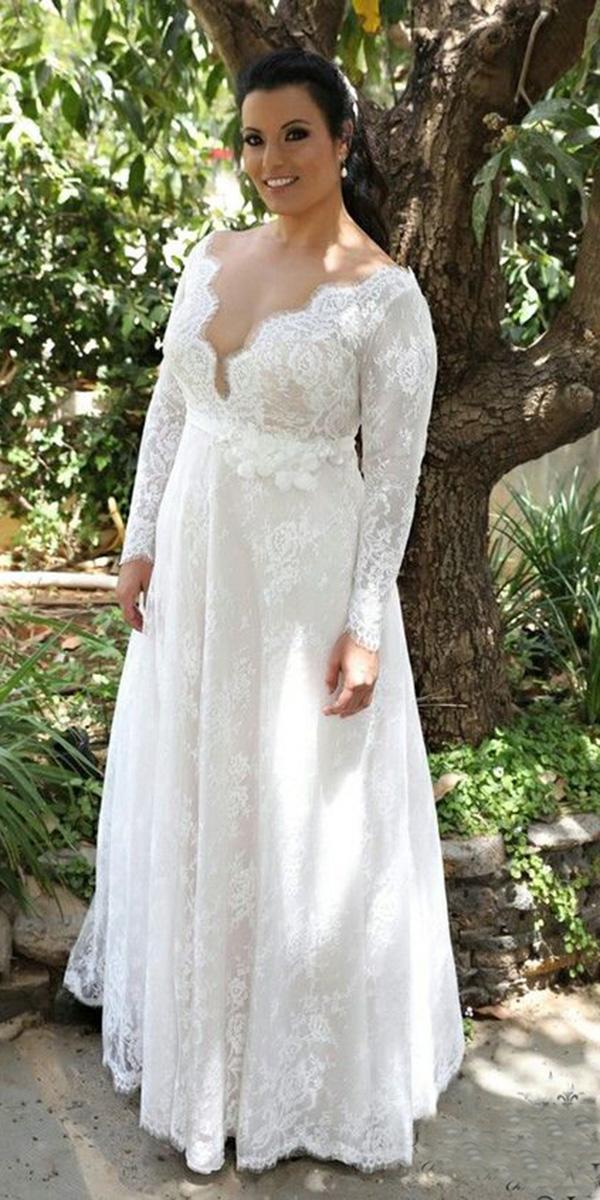 lace bridal gowns a line with long sleeves deep v neckline plus size studio levana
