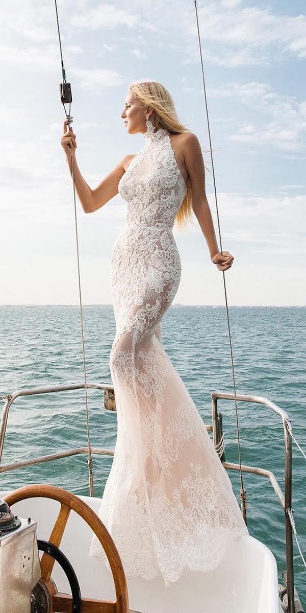 lace bridal gowns sheath high neck beach calista one