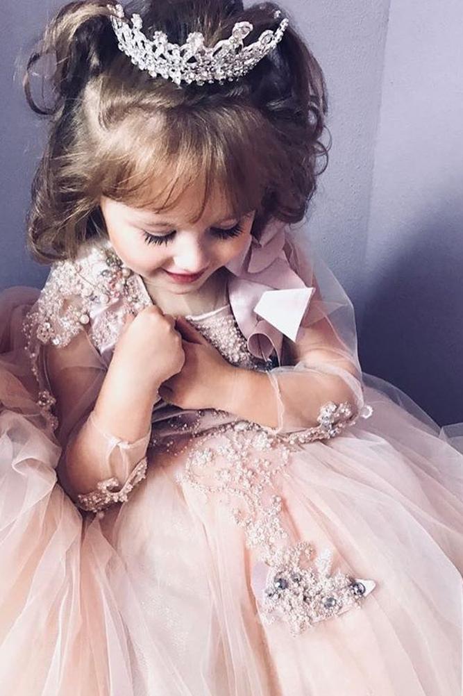 lace flower girl dresses blush hand beaded illusion long sleeves ball gown atolyecadde
