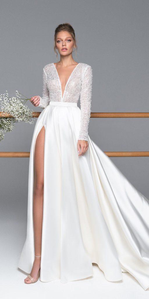 long sleeve wedding dresses a line v neckline sequins top slit eva lender