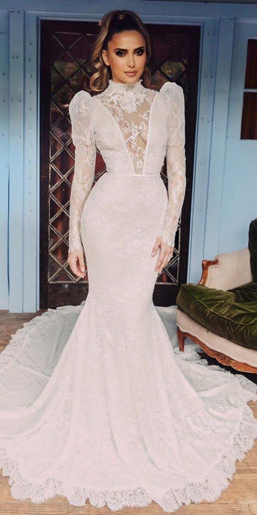 long sleeve wedding dresses mermaid high neck full lace ryanandwalter