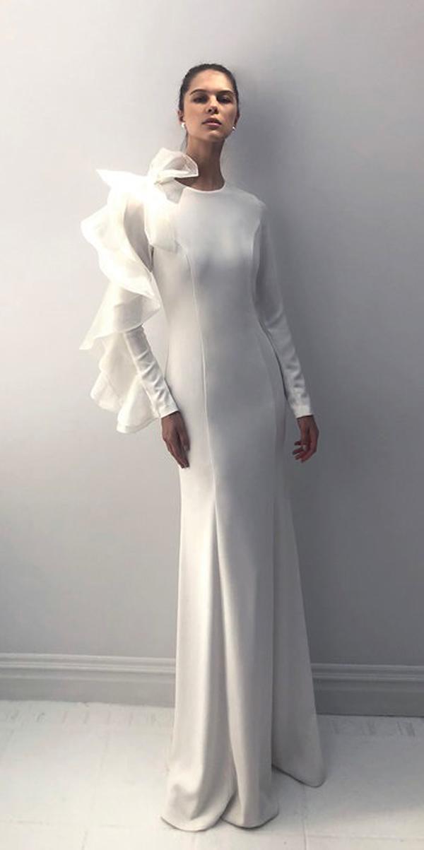 long sleeve wedding dresses modest scoop neckline simple trendy sheath alon livne white