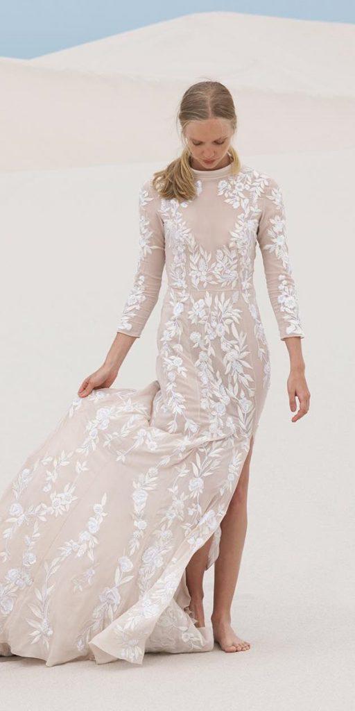  long sleeve wedding dresses sheath with slit floral embellishment blush hermiona de paula