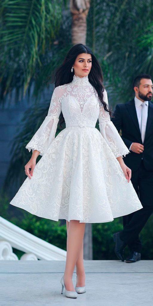 vintage wedding dresses knee length lace high neckline long sleeve ahmadyounes