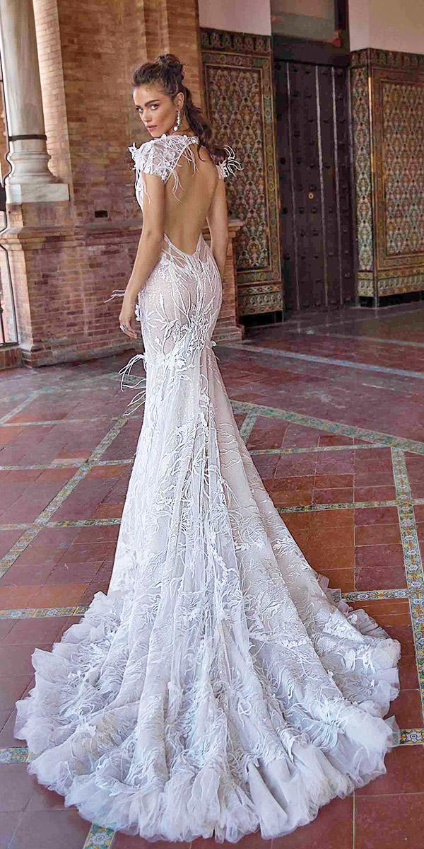 berta wedding dresses 2018 trumpet with cap sleeves open back fringe