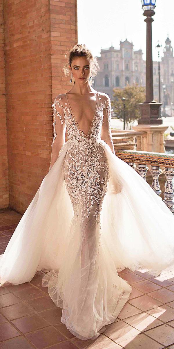 berta wedding dresses 2018 with long sleeves deep v neckline nude overskirt floral