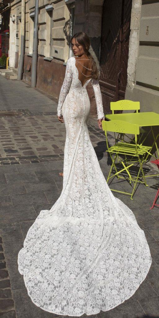 lace bridal gowns fit and flare with long sleeves v back long train liri bridal
