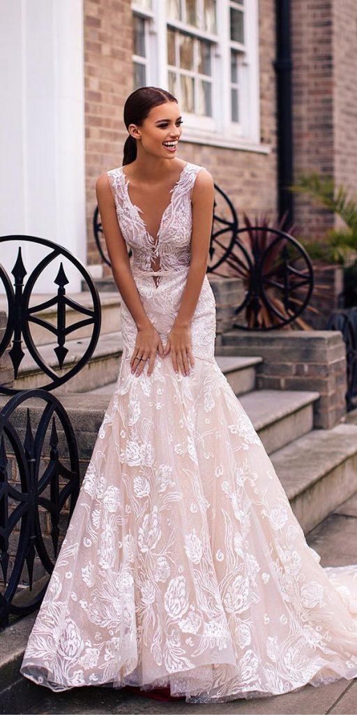 mermaid wedding dresses deep v neckline lace sleveless blush milla nova