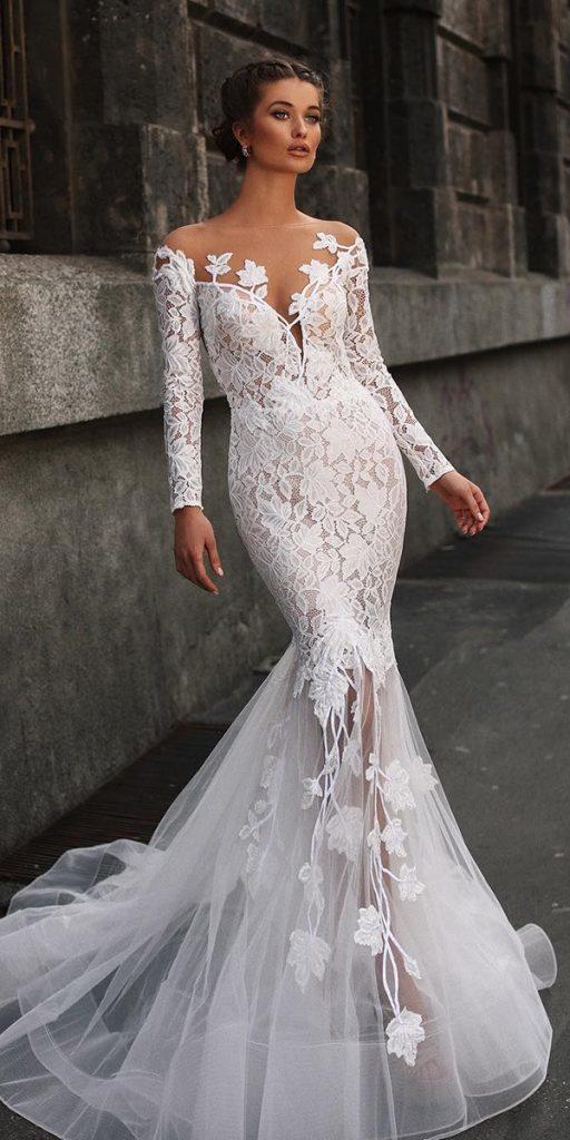  mermaid wedding dresses illusion neckline with long sleeves floral lace tarikediz