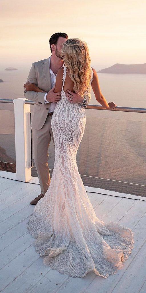 mermaid wedding dresses sexy open back lace with train pallas couture