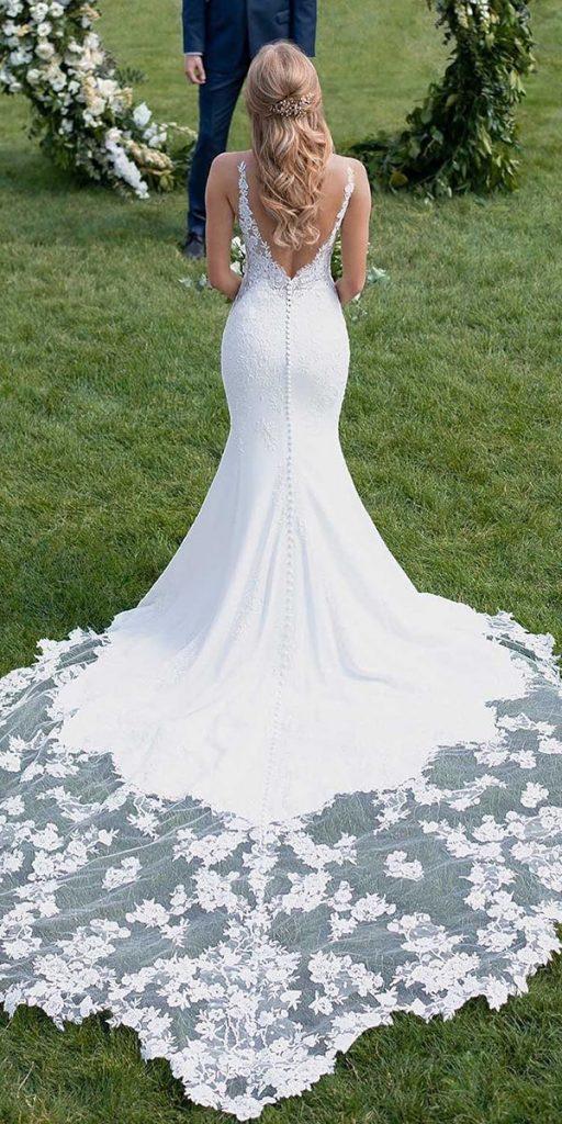 mermaid wedding dresses v back sleveless with long train lace martinalianabridal