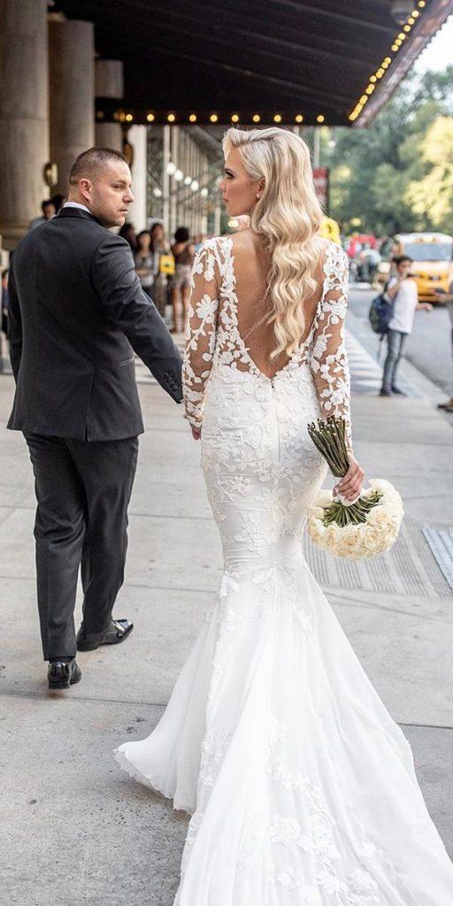  mermaid wedding dresses v back with illusion long sleeves floral appliques pronovias