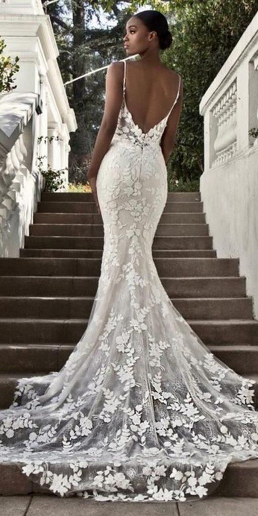 Sexy Simple Mermaid V-neck Lace Spaghetti Strap Long Wedding