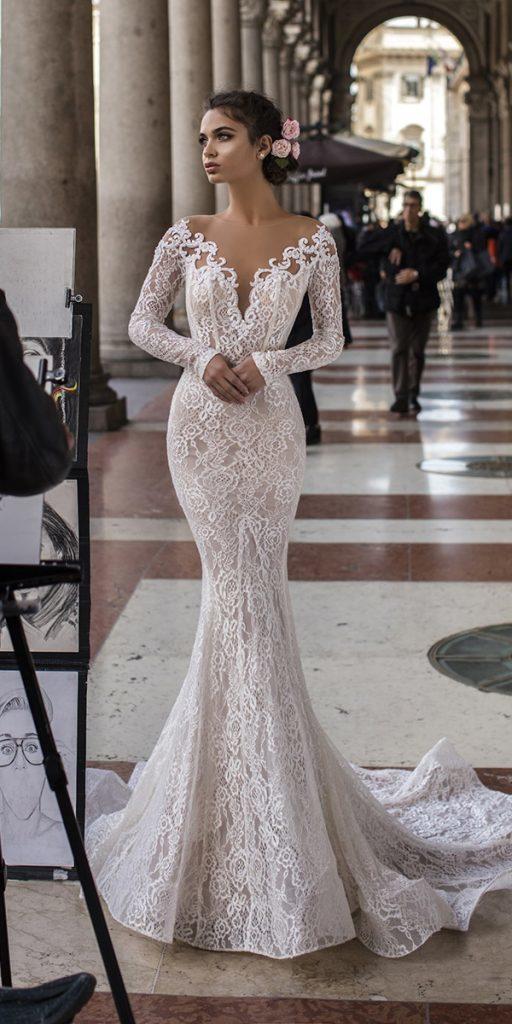 mermaid wedding dresses with long sleeves full lace deep v neckline tarik ediz