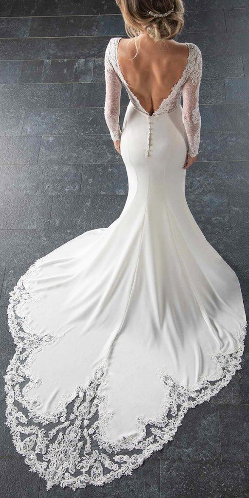 mermaid wedding dresses with long sleevs v back with train lace stella york