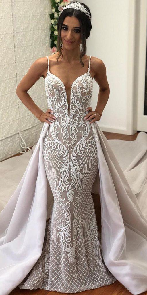 mermaid wedding dresses with spaghetti strap plunging neckline lace with overskirt alinlekal