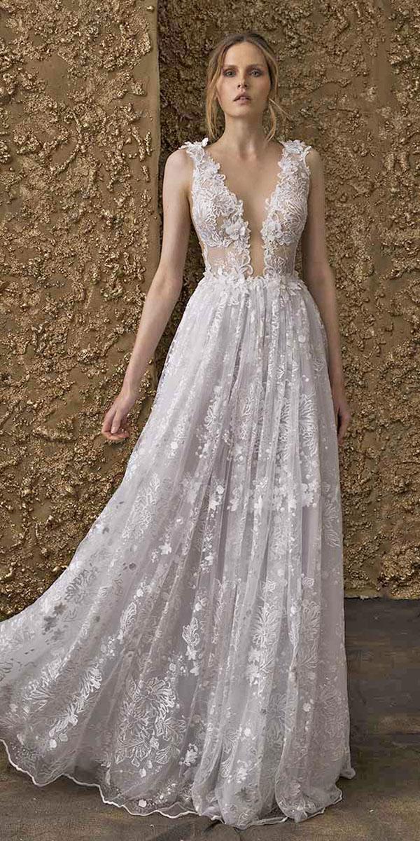 nurit hen wedding dresses 2018 a line deep v neckline full lace sleeveless