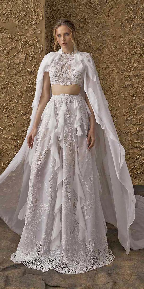 nurit hen wedding dresses 2018 detached top full lace with capes ruffled skirt modern