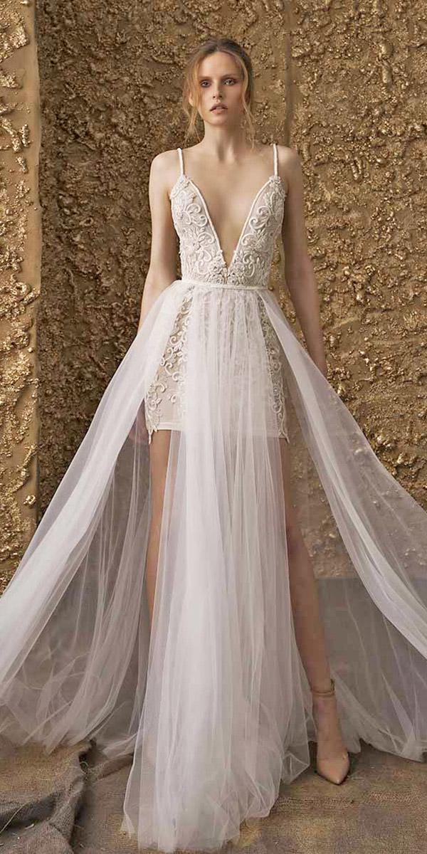 nurit hen wedding dresses 2018 short with spaghetti straps plunging neckline overskirt sexy