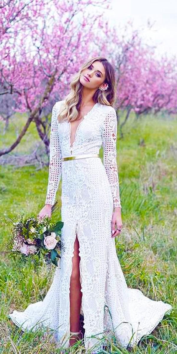 vintage wedding dresses with sleeves deep v neckline slit country featured
