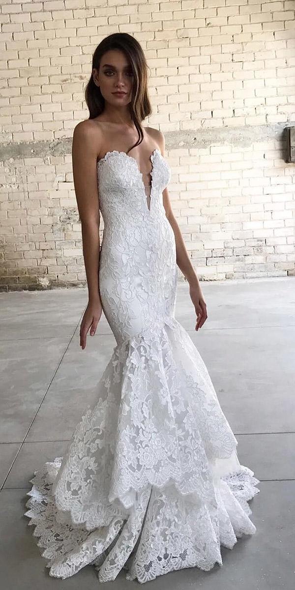  wedding dresses 2019 mermaid deep v neckline lace tiered skirt pnina tornai