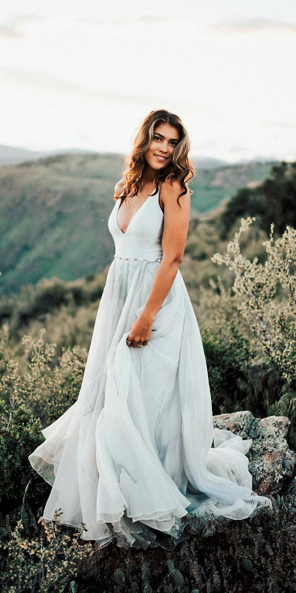 a line flowy beach deep v neckline blue pastel spaghetti straps simple wedding dresses leanne marshall