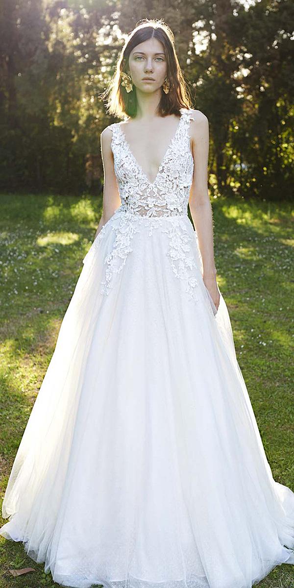costarellos wedding dresses 2019 a line deep v neckline lace floral appliques