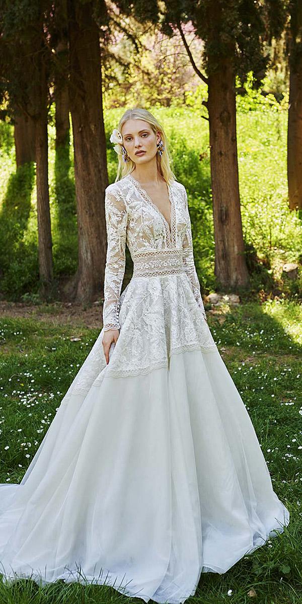 costarellos wedding dresses 2019 a line with long sleeves deep v neckline lace