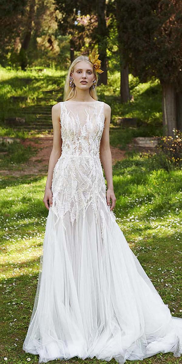 costarellos wedding dresses 2019 modern with feathers sleveeless