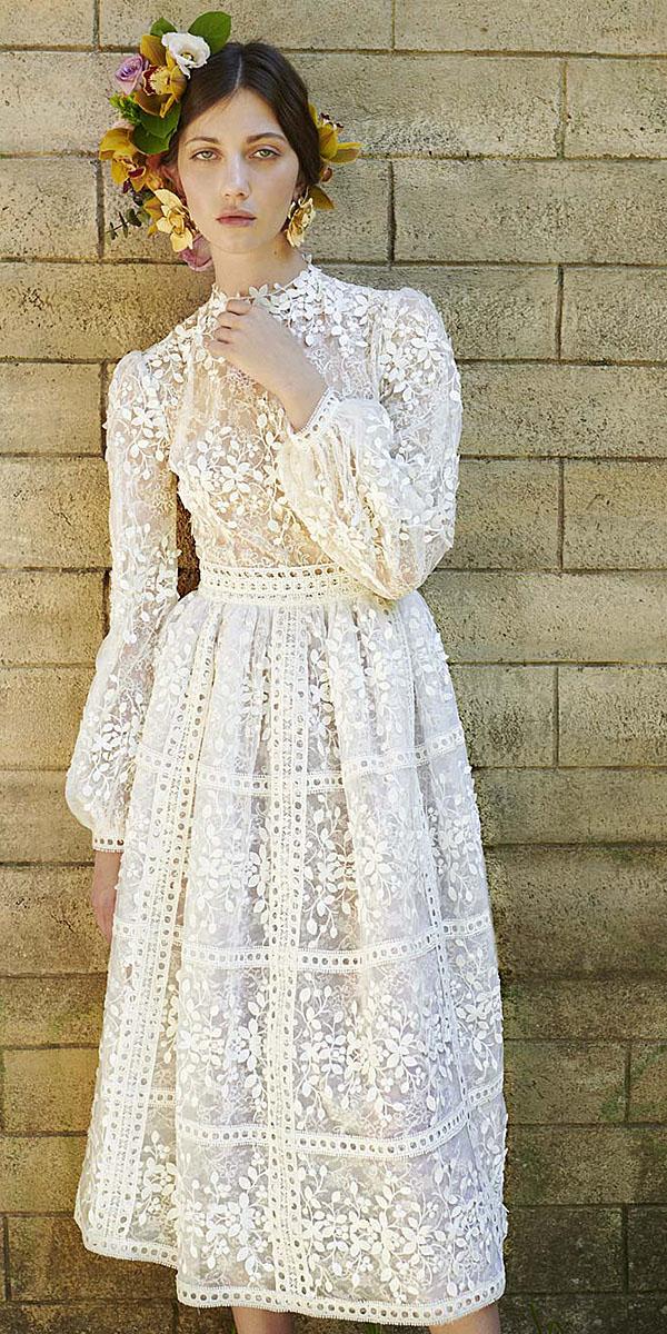 costarellos wedding dresses 2019 tea length with long sleeves floral appliques